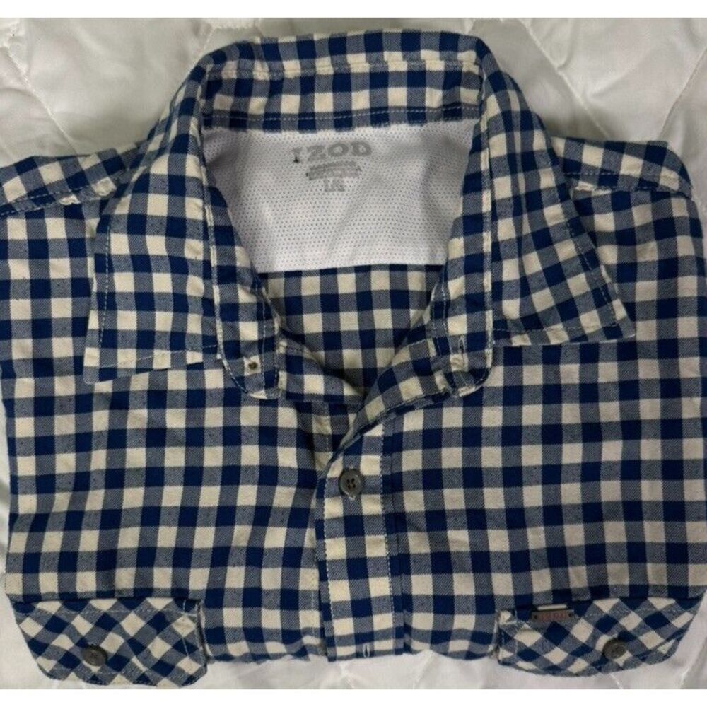 Izod Flannel Shirt Mens Large Blue White Plaid Button Down Long Sleeve SOFT